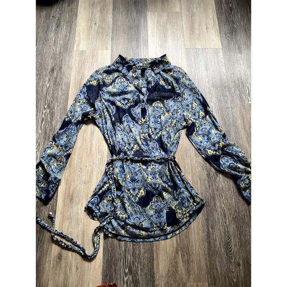 Y2K 90s Sheer Mesh Sash Fairy Blouse Boho Silky Coquette Slouchy Blue Hippie 1X - Picture 1 of 7